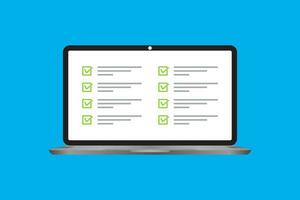 Laptop icon in a trendy flat style with a data checklist. Questions concept for the test check box. Notebook screen. Vector illustration element.