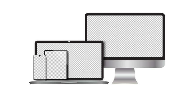 Realistic computers, laptops, tablets, smartphone monitors with a white background