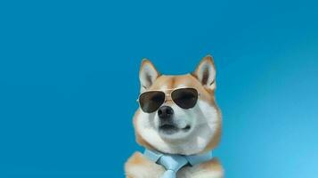 Photo of haughty shiba inu dog using glasses  and office suit on white background. Generative AI