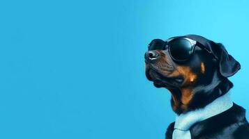 Photo of haughty Rottweiler dog using sunglasses  and office suit on white background. Generative AI