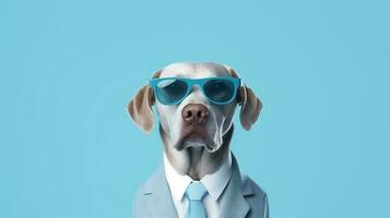 Photo of haughty golden retriever dog using sunglasses  and office suit on white background. Generative AI