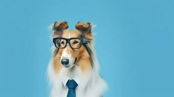 Photo of haughty rough collie dog using sunglasses  and office suit on white background. Generative AI