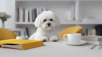 a poodle dog in a yellow clothes sits studying accompanied by a cup and piles of books. Generative AI photo