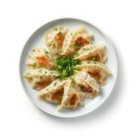 Photo of Gyoza on plate isolated on white background. Created by Generative AI