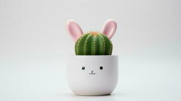 Photo of decorated cactus with rabbit ears as houseplant in minimalist pot. Generative AI