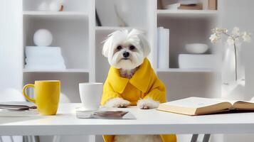 a bichon frise dog in a yellow clothes sits studying accompanied by a cup and piles of books. Generative AI photo