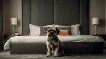 Affenpinscher dog lying on bed in hotel with contemporary interior design. Generative AI photo