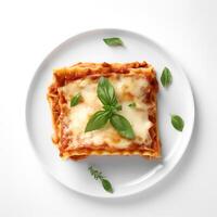 Food photography of Lasagna on plate isolated on white background. photo