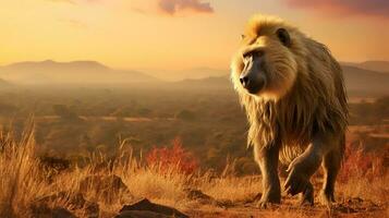 Photo of Baboon on savanna at sunset. Generative AI