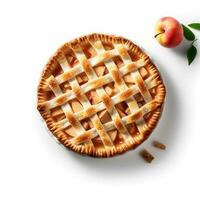 Photo of Apple pie on plate isolated on white background. Created by Generative AI