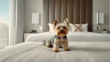 Yorkshire terrier dog lying on bed in hotel with contemporary interior design. Generative AI photo