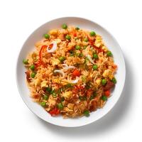 Photo of Fried Rice on plate  isolated on white background. Created by Generative AI