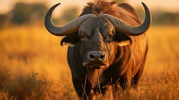 foto de búfalo en sabana a puesta de sol. generativo ai