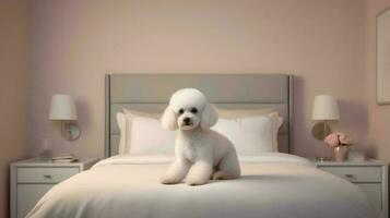 Poodle dog lying on bed in hotel with contemporary interior design. Generative AI photo