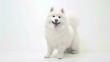 foto de un Samoyedo en blanco antecedentes. generativo ai