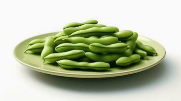 Photo of Green beans on minimalist plate isolated on white background