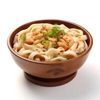 Food photography of Udon on brown bowl isolated on white background. Generative AI photo