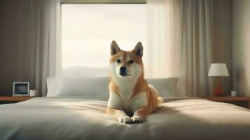 Shiba inu dog lying on bed in hotel with contemporary interior design. Generative AI photo