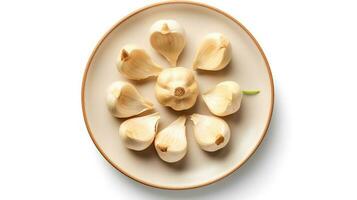 Photo of Garlics on minimalist plate isolated on white background