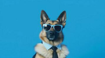 Photo of haughty german shepherd using sunglasses  and office suit on white background. Generative AI