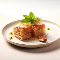 Photo of Baklava on plate isolated on white background. Created by Generative AI