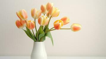 Photo of tulips in minimalist transparent vase as houseplant for home decoration on warm color background. Generative AI