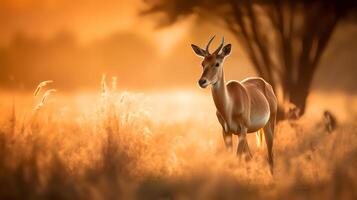 Photo of Hartebeest on savanna at sunset.