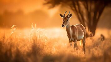 foto de hartebeest en sabana a puesta de sol. generativo ai