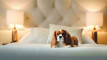 caballero perro acostado en cama en hotel con contemporáneo interior diseño. generativo ai foto