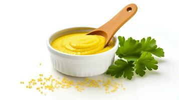 Photo of Mustard on bowl with green leaf isolated on white background