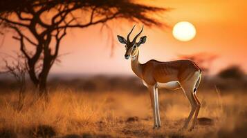Photo of Thomsons Gazelle on savanna at sunset. Generative AI