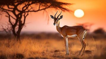 Photo of Thomsons Gazelle on savanna at sunset.