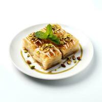 Photo of Baklava on plate isolated on white background. Created by Generative AI