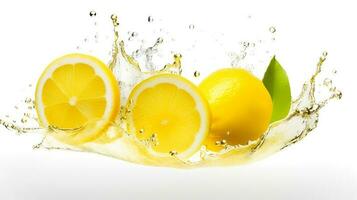 Photo of Fresh Lemon Slices with Water Splashes isolated on white background