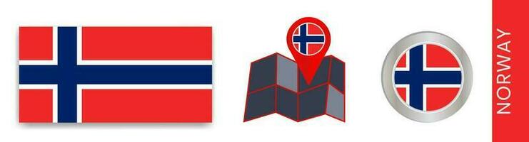 Collection of Norwegian national flags isolated in official colors and map icons of Norway with country flags. vector