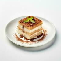Food photography of Tiramisu on plate isolated on white background. Generative AI photo