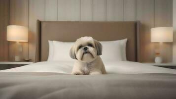 Shih tzu dog lying on bed in hotel with contemporary interior design. Generative AI photo