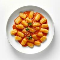 Photo of Gnocchi with sauce on plate isolated on white background. Created by Generative AI