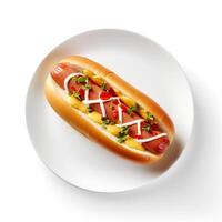 Photo of hot dog on plate isolated on white background. Created by Generative AI