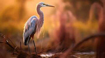 Photo of Goliath Heron on savanna at sunset. Generative AI