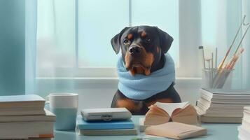 a rottweiler dog in a sweater sits studying accompanied by a cup and piles of books. Generative AI photo