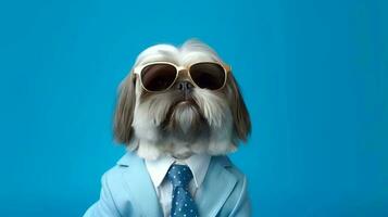 Photo of haughty lhasa apso dog using sunglasses  and office suit on white background. Generative AI