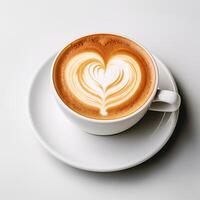 Food photography of A cup latte with love art isolated on white background. photo