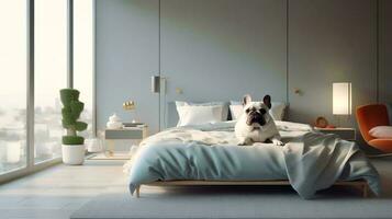 bulldog dog lying on bed in hotel with contemporary interior design. Generative AI photo