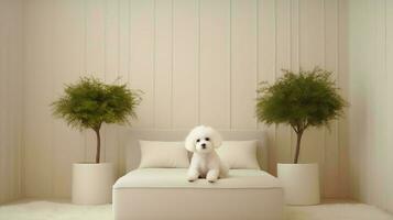 caniche perro acostado en cama en hotel con contemporáneo interior diseño. generativo ai foto