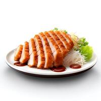 Food photography of Tonkatsu on plate isolated on white background. photo