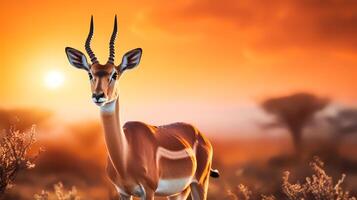 Photo of Impala on savanna at sunset. Generative AI