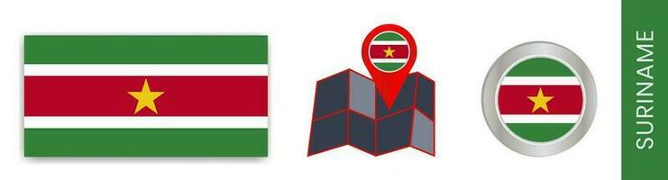 The national flag collection of Suriname is isolated in official colors and a map icon of Suriname with a country flag. vector