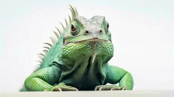 Photo of a green iguana on white background. Generative AI