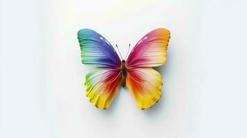 Photo of a rainbow butterfly on white background. Generative AI